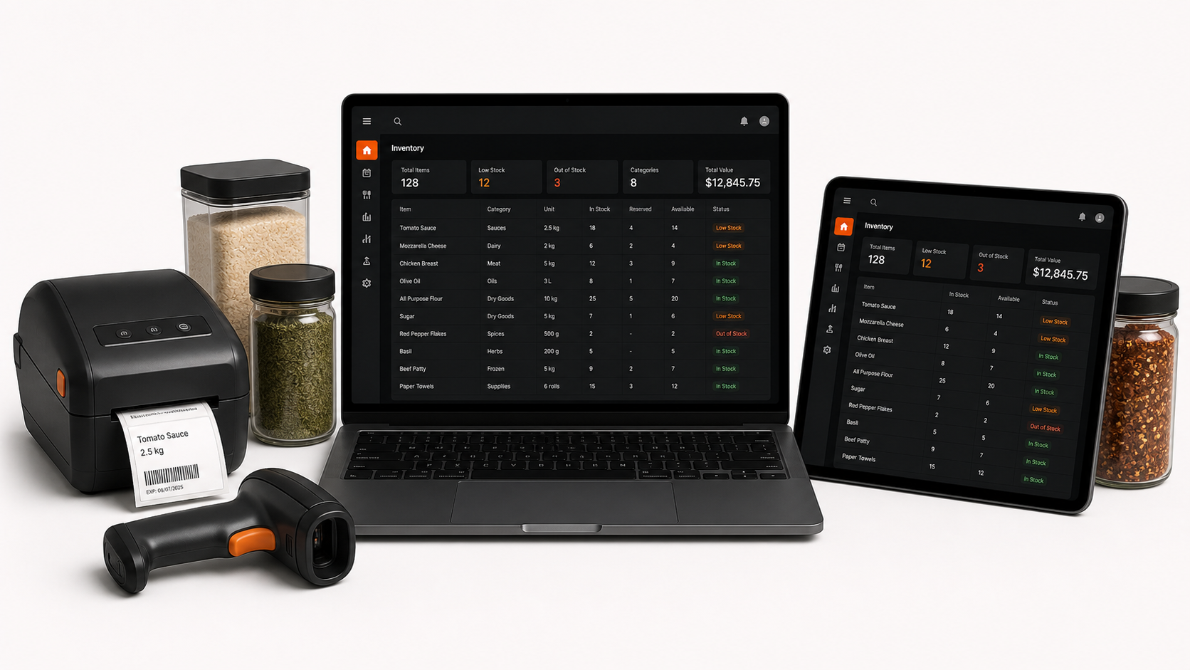 Restaurant inventory system with laptop, tablet, barcode scanner and label printer