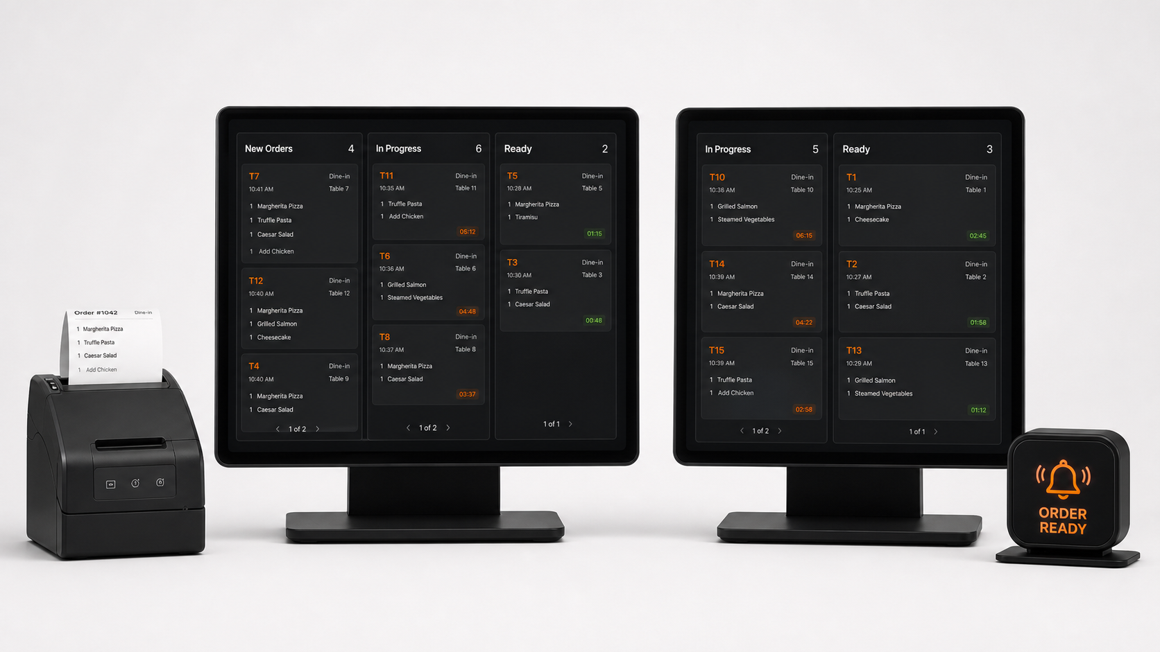 Kitchen display screens organizing incoming, preparing and ready restaurant orders
