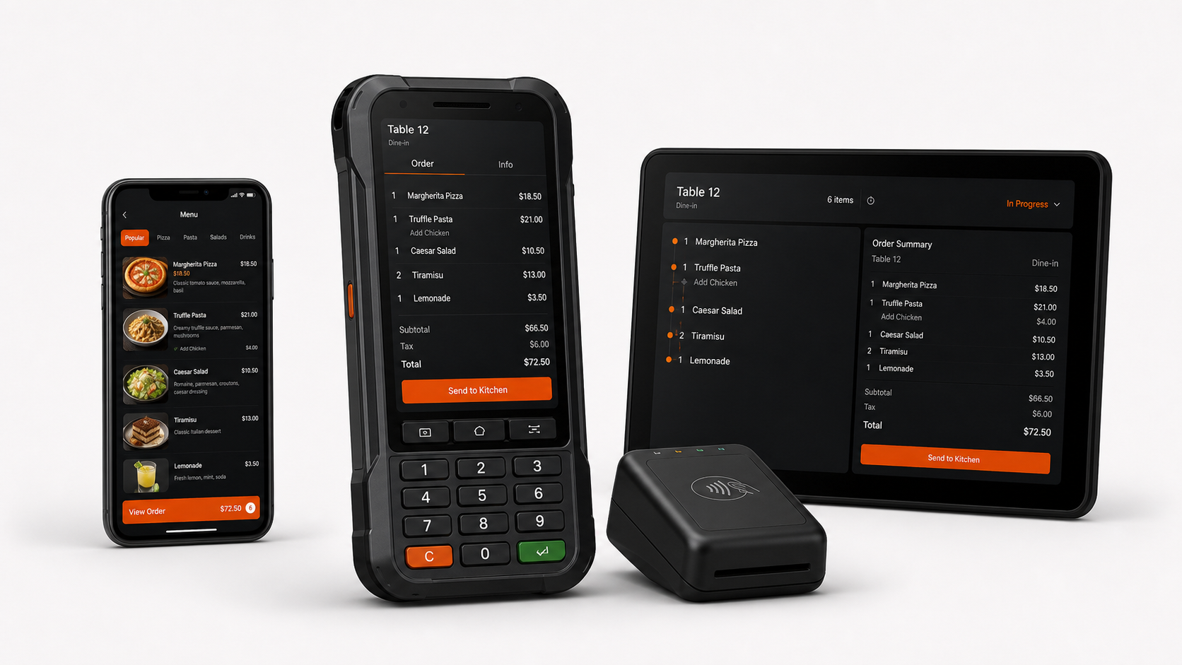 Mobile waiter ordering devices with portable table-side payment reader