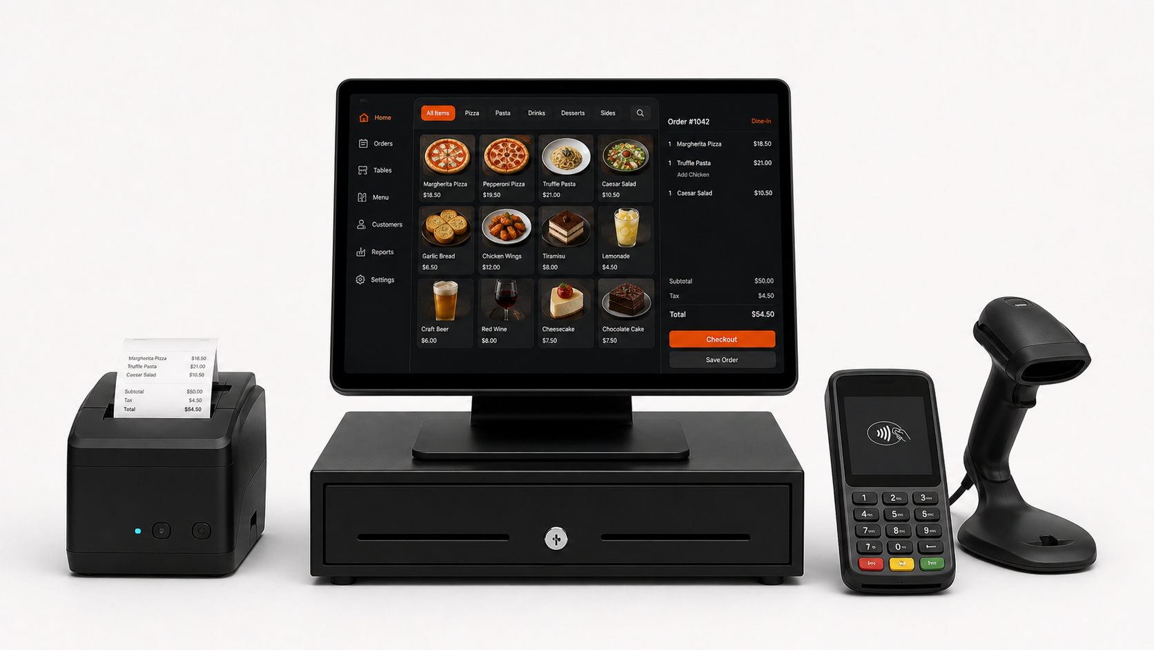 Restaurant point-of-sale terminal with payment reader, receipt printer and barcode scanner
