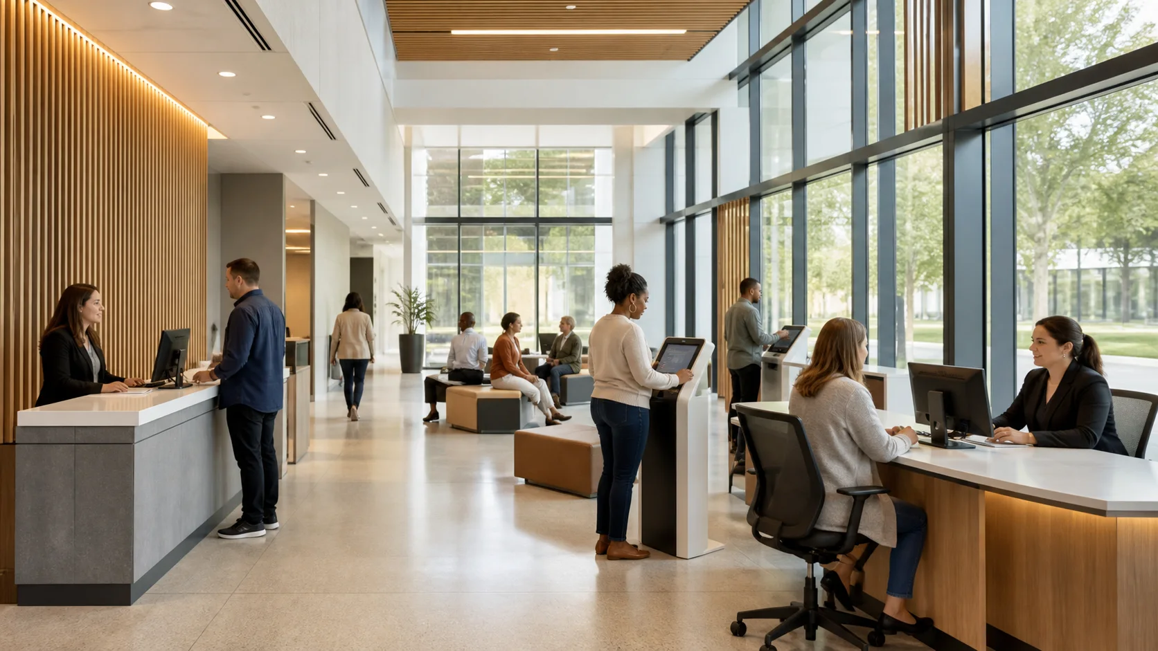 Neutral modern public service center with staff and visitors