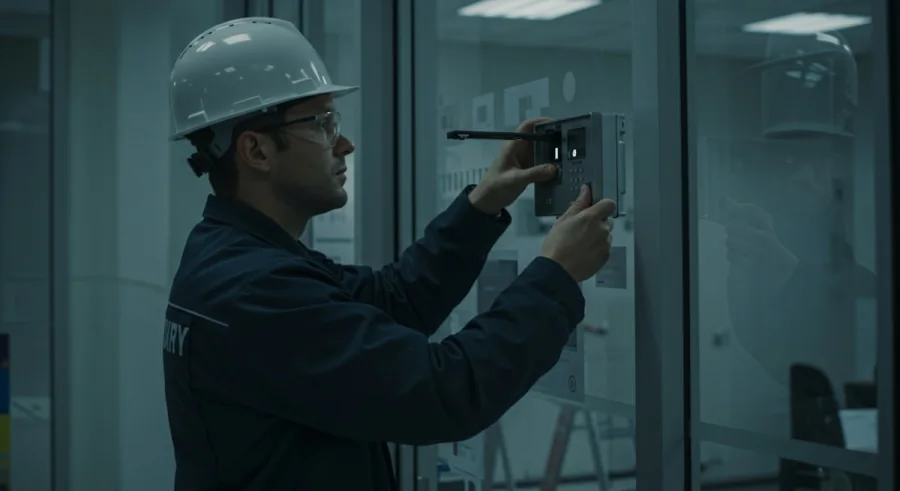 Security technician configuring an electronic access-control system