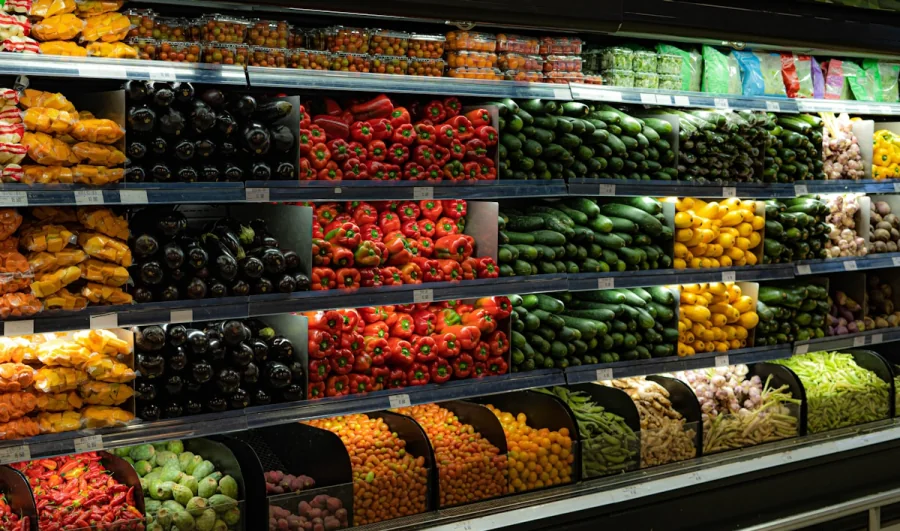 Colorful fresh produce arranged in a modern grocery store